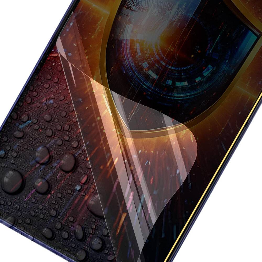 Eine Nahaufnahme eines Smartphone-Bildschirms mit einer abgelösten Ecke, die ein futuristisches digitales Augendesign offenbart und hochmoderne Sicherheit symbolisiert.