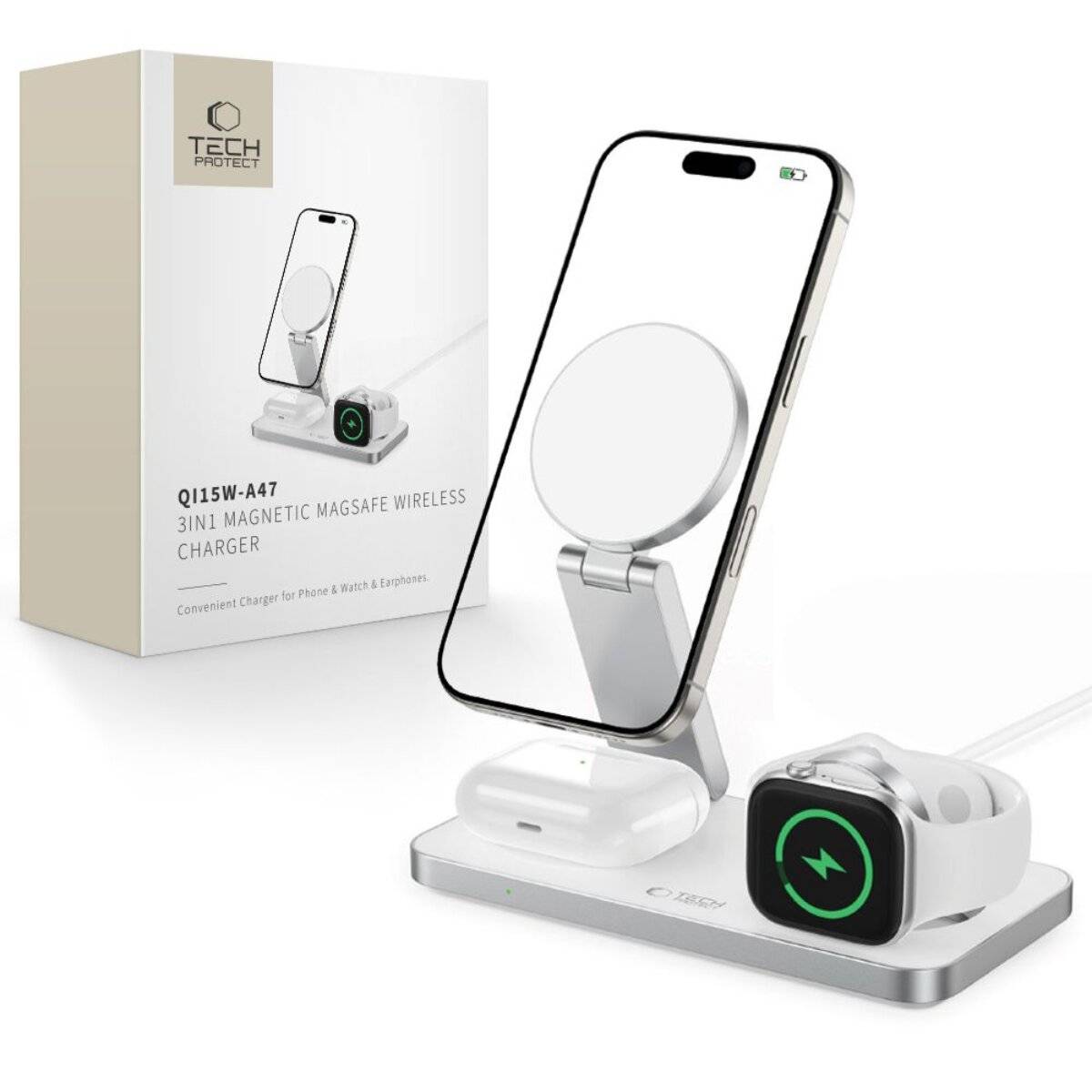 Tech-Protect QI15W-A47 MagSafe 3in1 Induktives Ladegerät + USB-C Kabel - Weiß