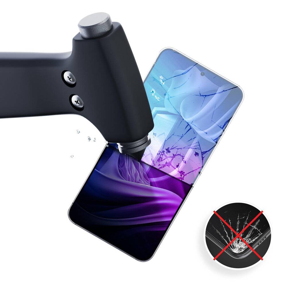 Ein Gerät testet die Haltbarkeit eines Smartphone-Bildschirms. Der Bildschirm bleibt unbeschädigt, während ein durchgestrichenes Symbol einen beschädigten Bildschirm anzeigt.