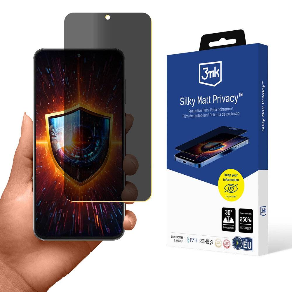 Eine Hand hält ein Telefon mit einer Datenschutz-Displayschutzfolie, auf der ein Schild angezeigt wird. Die Verpackung trägt die Aufschrift 
