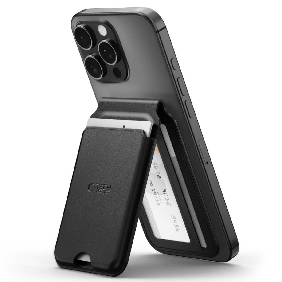 Smartphone mit einem eleganten Case, das einen geöffneten Kartenhalter mit Kreditkarten im Inneren zeigt.