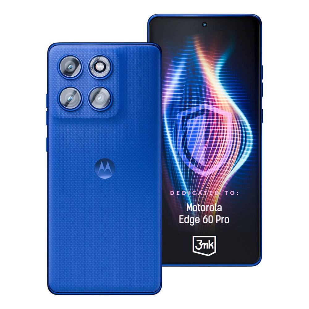 Ein blaues Smartphone, von vorne und von hinten gezeigt, mit einem Multi-Linsen-Kamerasystem und einem leuchtenden Design auf dem Bildschirm mit dem Text „Dedicated to: Motorola Edge 60 Pro