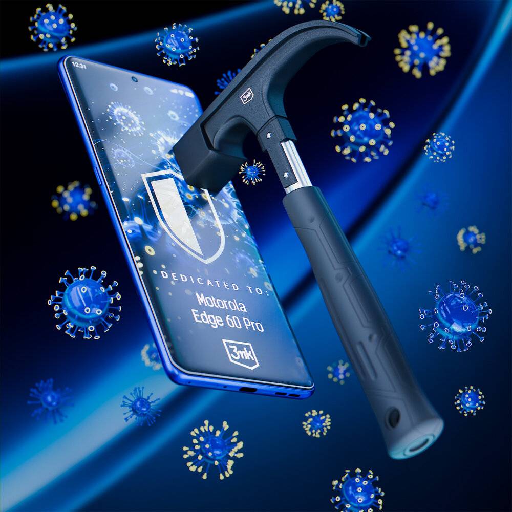 Ein Smartphone mit einer Schutzbildschirmfolie wird von einem Hammer getroffen und symbolisiert Haltbarkeit. Schwebende Virussymbole deuten auf den Schutz vor Keimen hin.