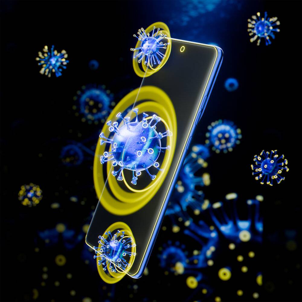 Ein Smartphone, das von digitalen Darstellungen von Viren umgeben ist und das Konzept digitaler Bedrohungen oder viraler Übertragung durch Geräte darstellt.