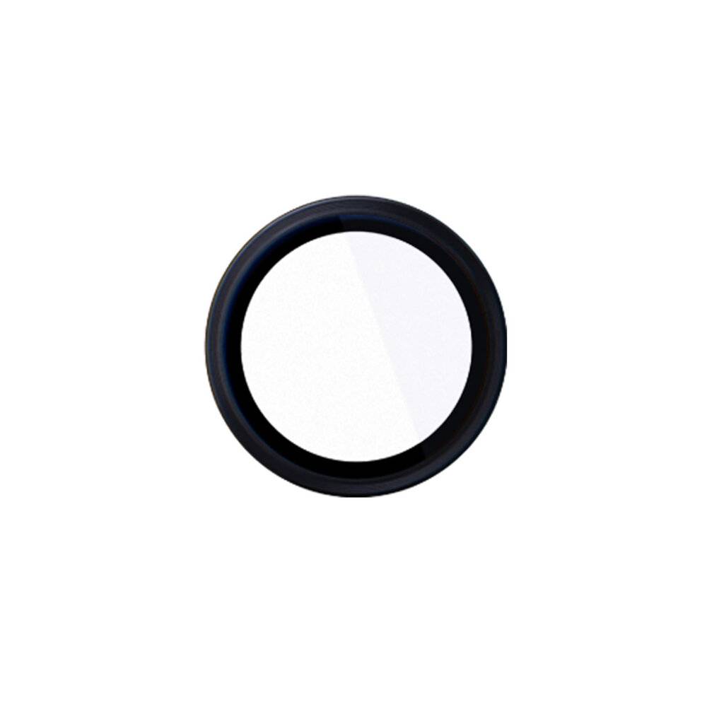 Ein runder, schwarzer Rahmen mit einem glänzend weißen Zentrum, das einer Linse oder einem Knopf ähnelt, vor einem einfachen Hintergrund.