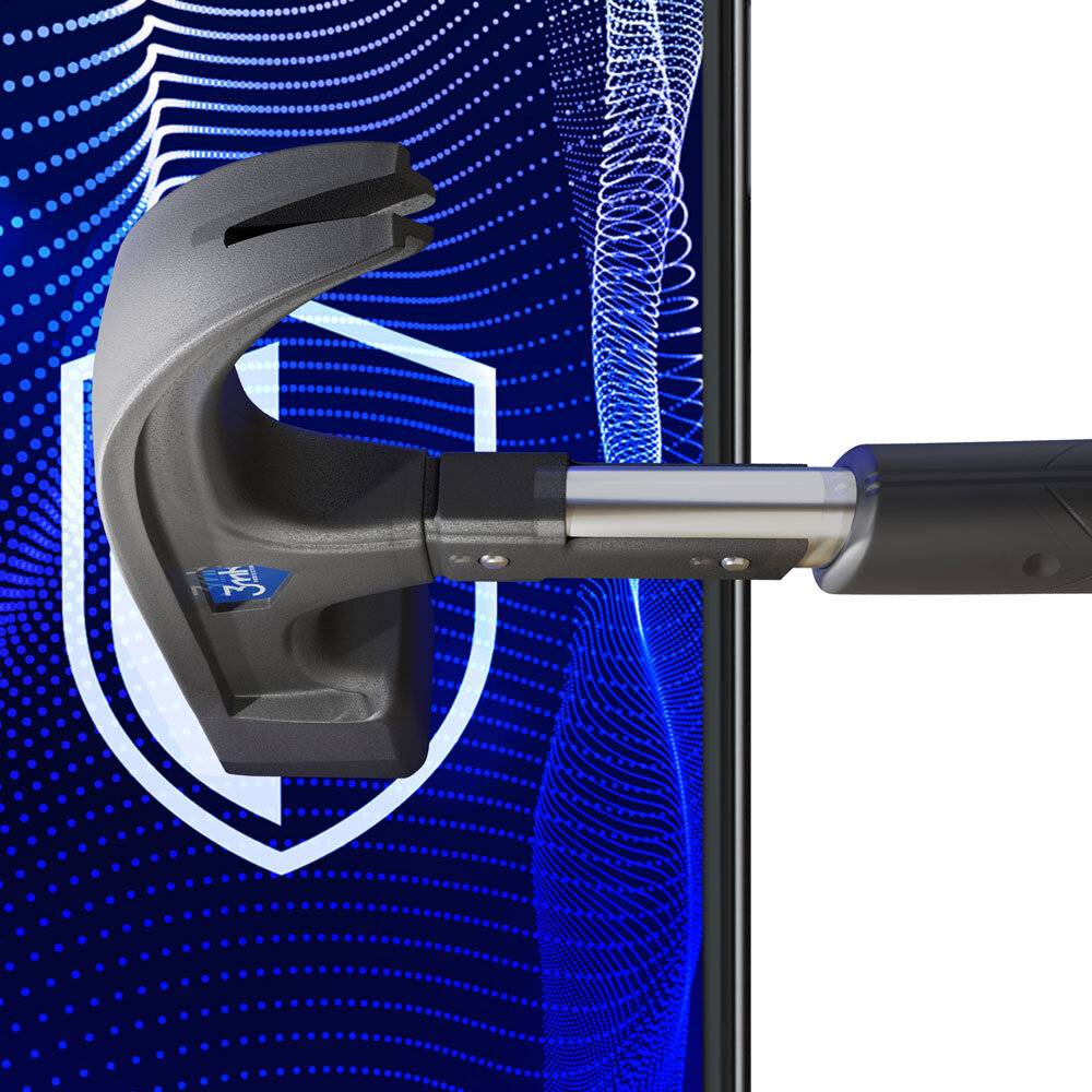 Eine digitale Schloss-Grafik mit futuristischem Design überlagert ein Schildsymbol auf einem blauen, welligen Hintergrund, der digitale Sicherheit darstellt.