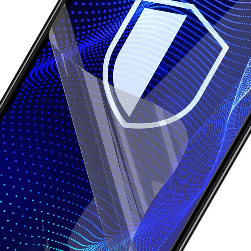Ein Smartphone-Bildschirm, auf dem ein digitales Schildsymbol auf einem blauen abstrakten Hintergrund angezeigt wird, das Sicherheit oder Schutz symbolisiert.