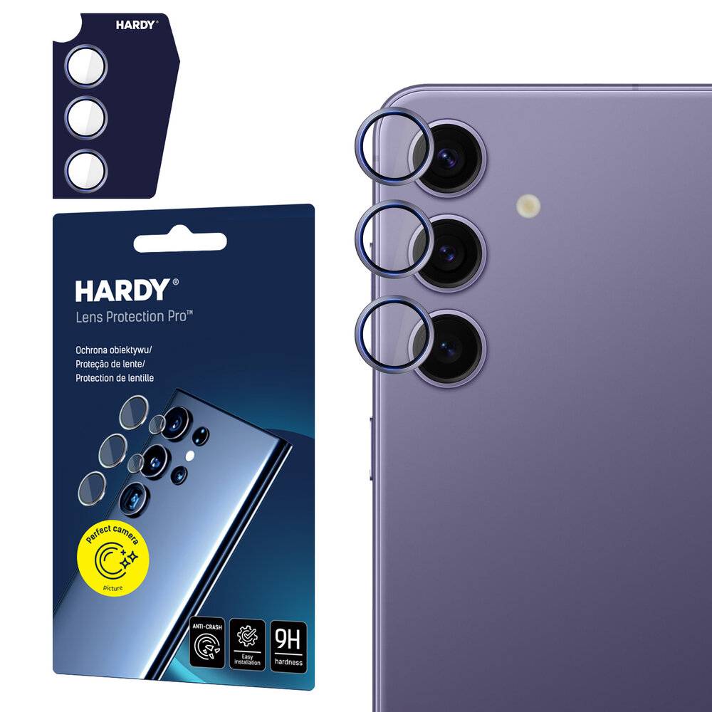 Smartphone mit einer Dreifach-Linsen-Kamera und Blitzlicht. Das Paket mit der Bezeichnung „Hardy Lens Protection Pro