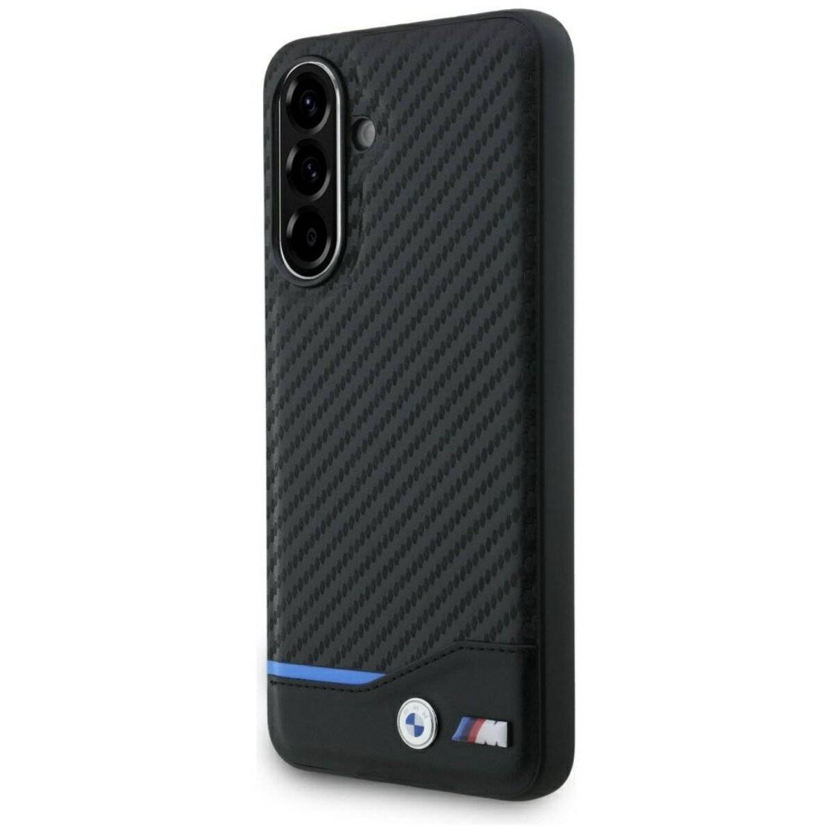 Smartphone-Hülle mit Karbonfaser-Muster und einem Logo, akzentuiert durch blaue und lila Linien, designed für eine moderne Ästhetik.