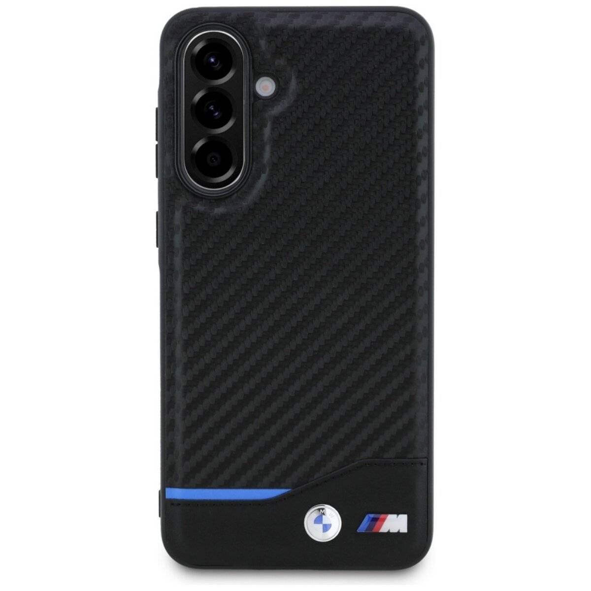 Handyhülle aus Karbonfaser mit schwarzer Oberfläche, die ein kleines blaues Akzentdetail und Emblem am unteren Rand aufweist und einen schlanken, modernen Design-Ansatz betont.
