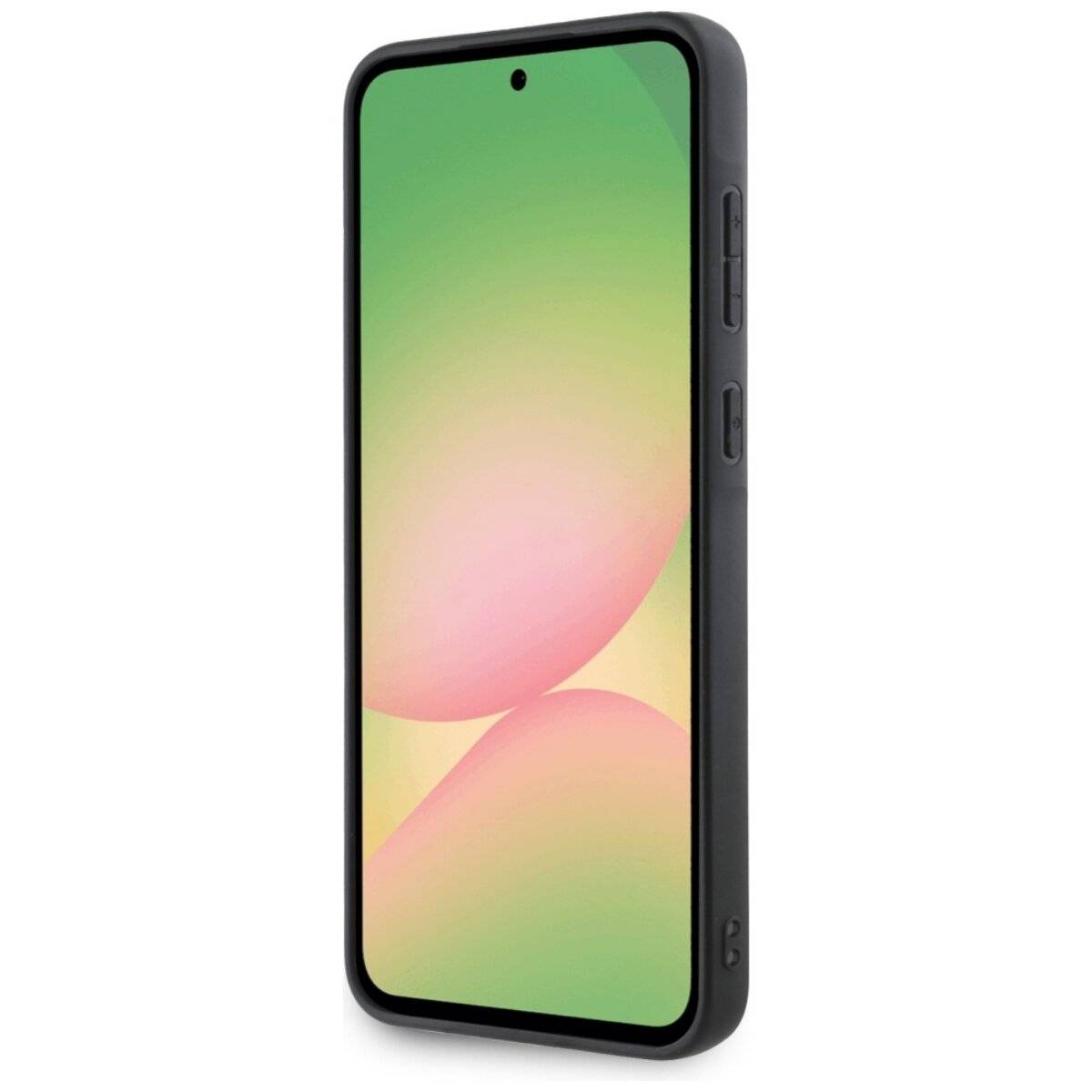 Ein Smartphone mit minimalistischem Design, das einen Bildschirm mit Grün-Rosa-Verlauf, schwarzem Gehäuse und sichtbaren Seitentasten aufweist.