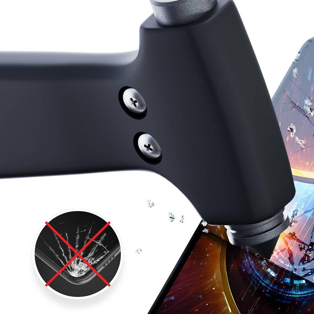 Nahaufnahme einer schwarzen Schutzhandyhülle mit einer Eckenverstärkungsfunktion, die ihre Kratzfestigkeit mit einem durchgestrichenen Kratz-Symbol hervorhebt.