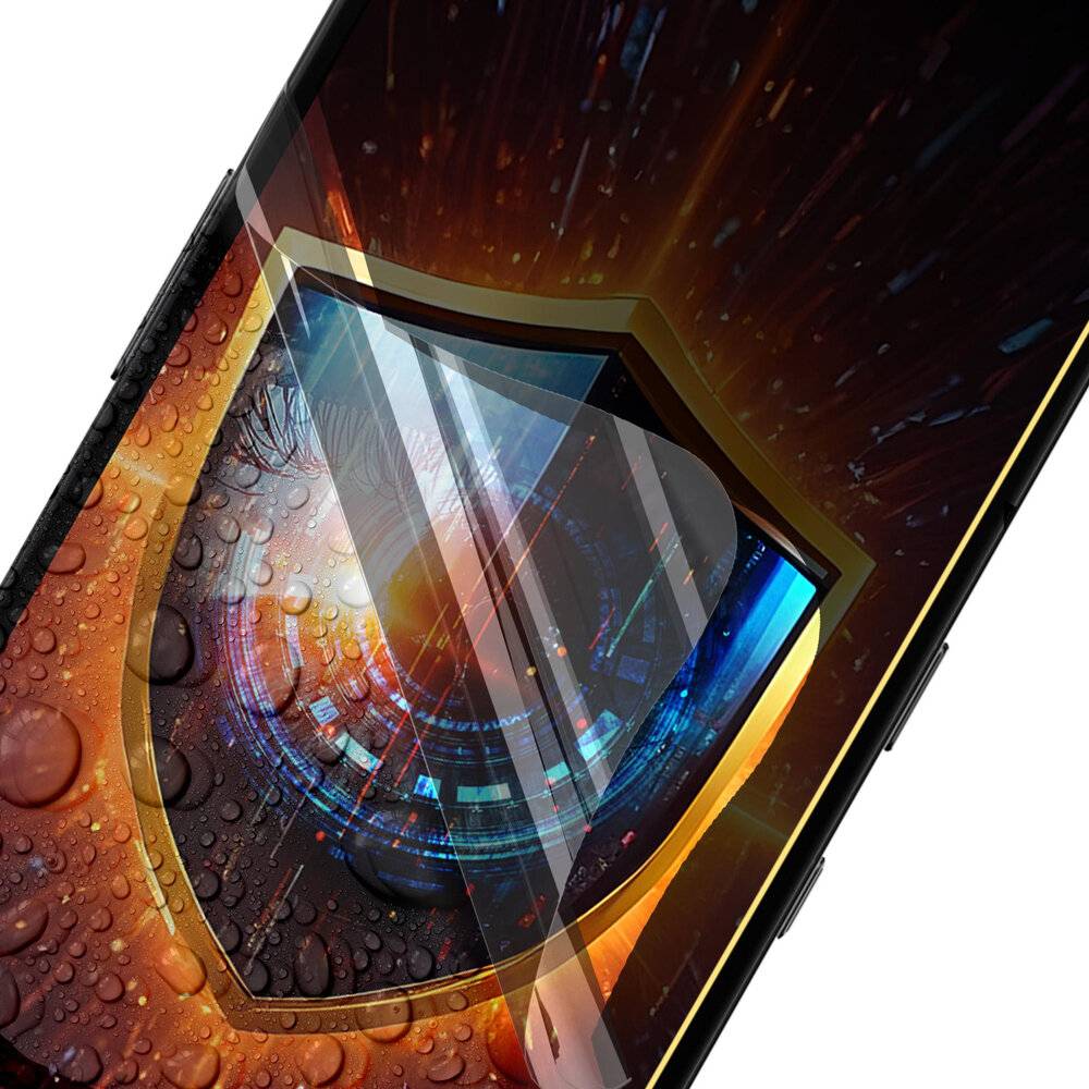 Ein Smartphone mit einem digitalen Schild-Symbol auf dem Bildschirm, das Cybersicherheit oder Datenschutz symbolisiert, mit lebendigen Farben und futuristischem Design.