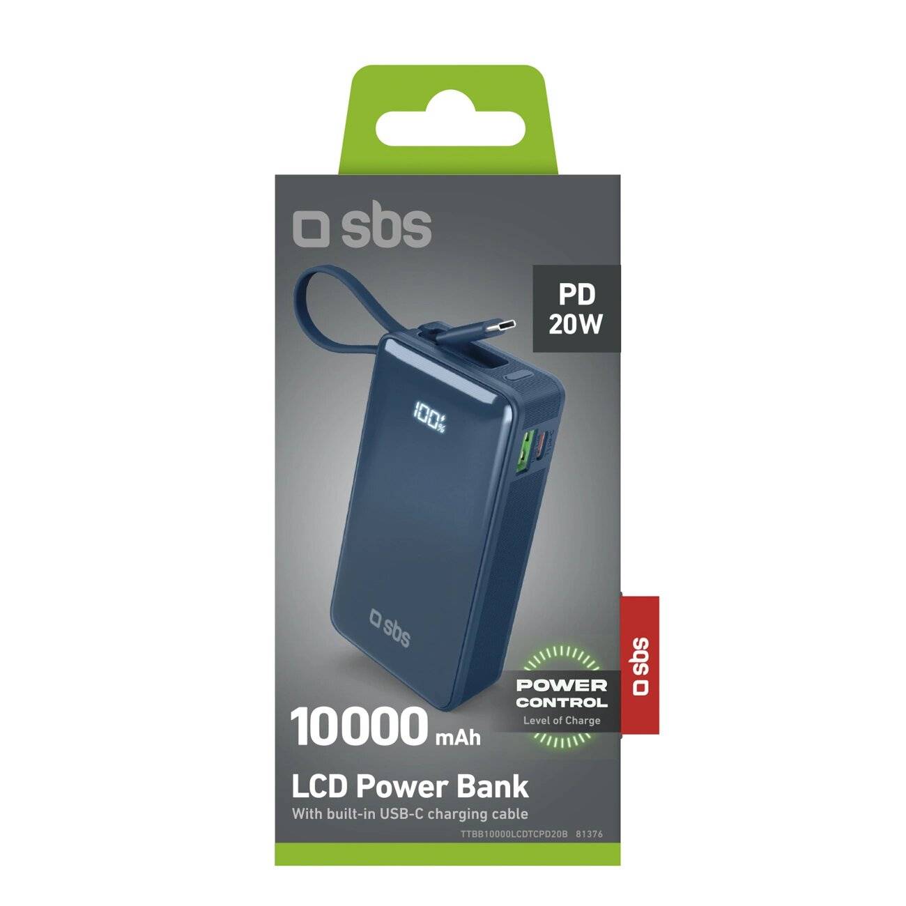 Powerbank SBS 10000 mAh 20W integriertem USB-C-Kabel Digitalanzeige - dunkelgrau