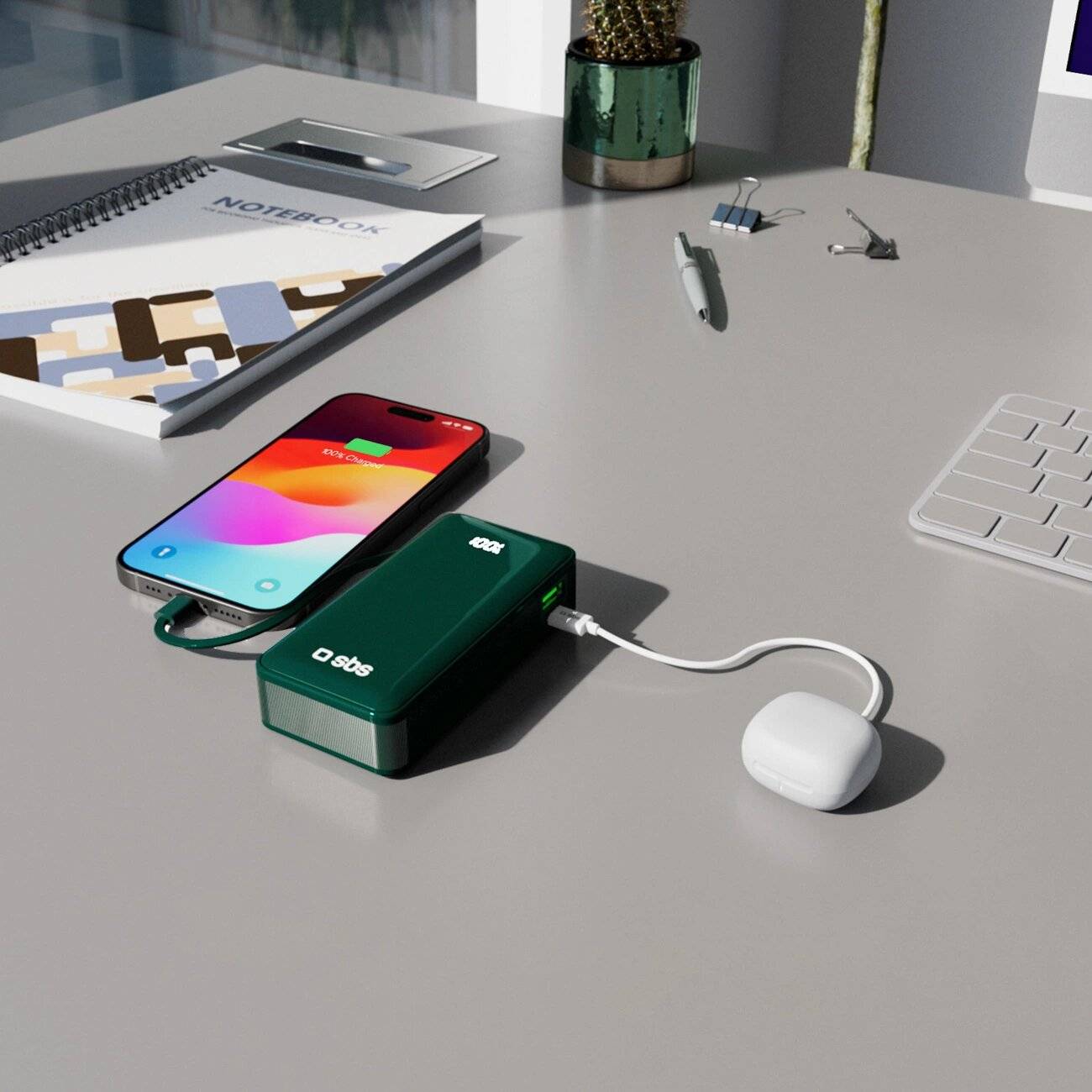 Powerbank SBS 10000 mAh 20W integriertem USB-C-Kabel Digitalanzeige - grün