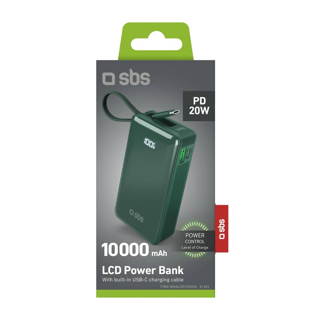 Powerbank SBS 10000 mAh 20W integriertem USB-C-Kabel Digitalanzeige - grün