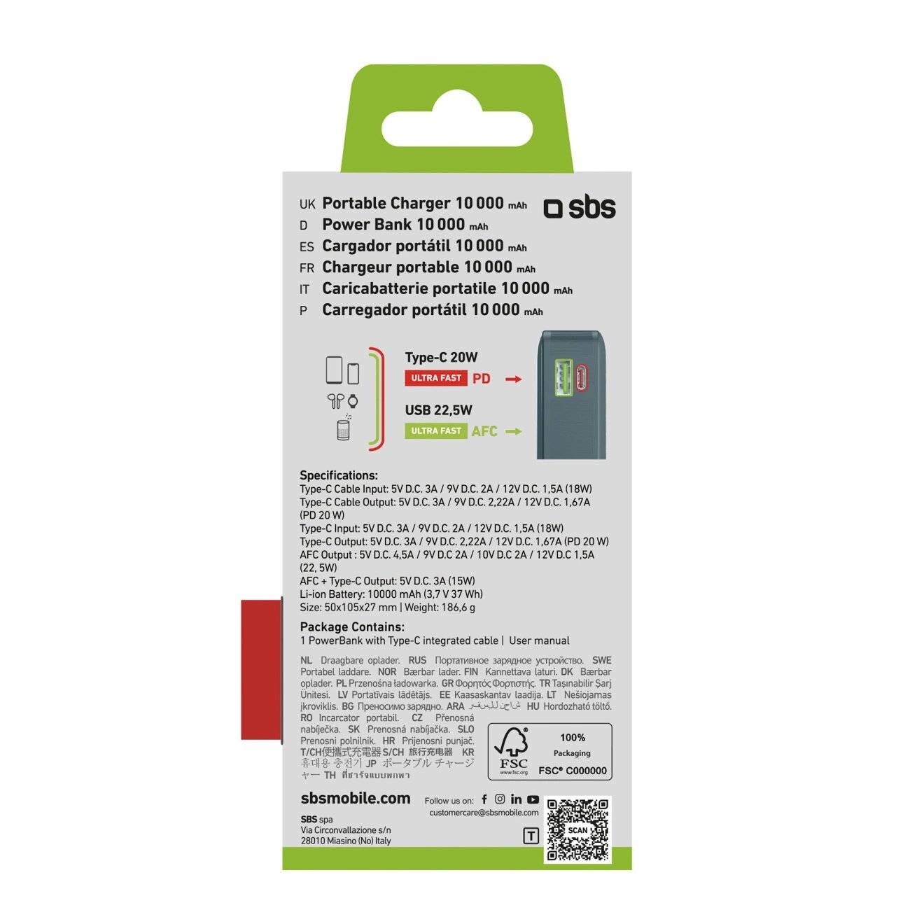 Powerbank SBS 10000 mAh 20W integriertem USB-C-Kabel Digitalanzeige - grau