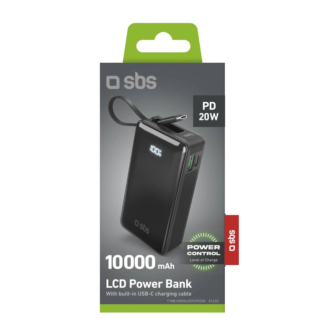 Powerbank SBS 10000 mAh 20W integriertem USB-C-Kabel Digitalanzeige - schwarz