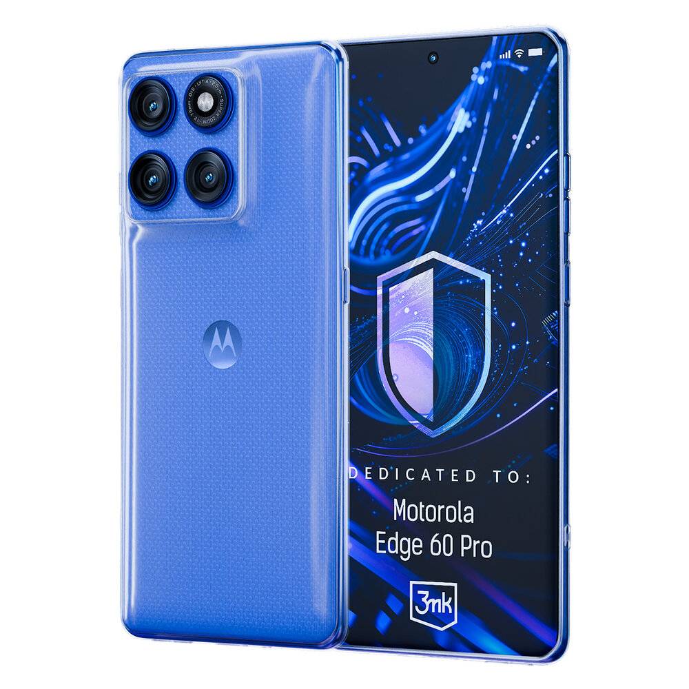 Ein blaues Motorola Edge 60 Pro Smartphone mit dreifacher Rückfahrtkamera und einem sicherheitsthematischen Bildschirm, der ein Schild-Symbol anzeigt.