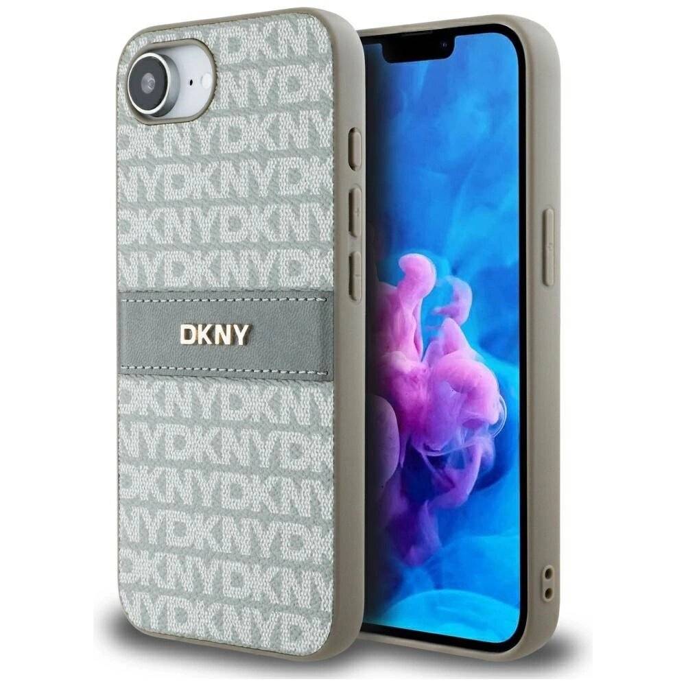 DKNY iPhone 16e Hülle wiederholtem Texturmuster farblich abgestimmten Streifen – Beige