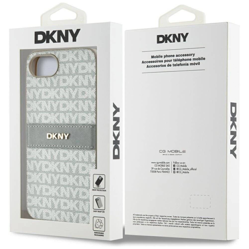 DKNY iPhone 16e Hülle wiederholtem Texturmuster farblich abgestimmten Streifen – Beige