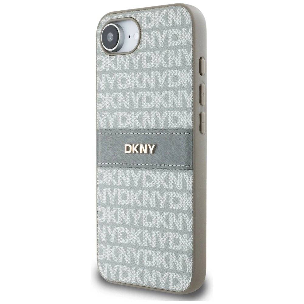 DKNY iPhone 16e Hülle wiederholtem Texturmuster farblich abgestimmten Streifen – Beige