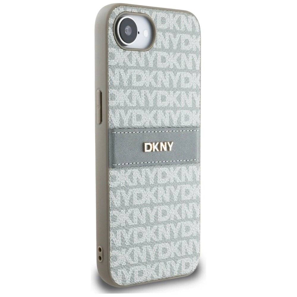 DKNY iPhone 16e Hülle wiederholtem Texturmuster farblich abgestimmten Streifen – Beige