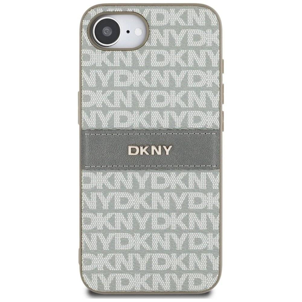 DKNY iPhone 16e Hülle wiederholtem Texturmuster farblich abgestimmten Streifen – Beige