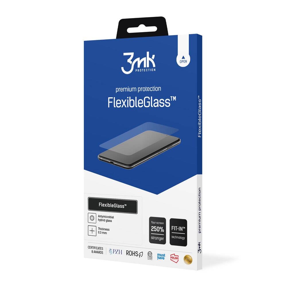 Paket für 3mk FlexibleGlass, das ein Bild eines Displayschutzes und Funktionen wie Festigkeit und Kompatibilität zeigt.