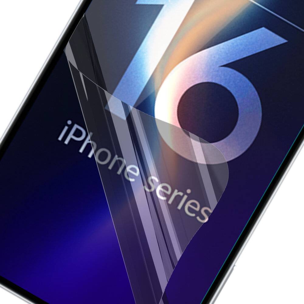 Ein Displayschutz für ein Smartphone wird auf einem Gerät angebracht, das den Text „iPhone-Serie 16