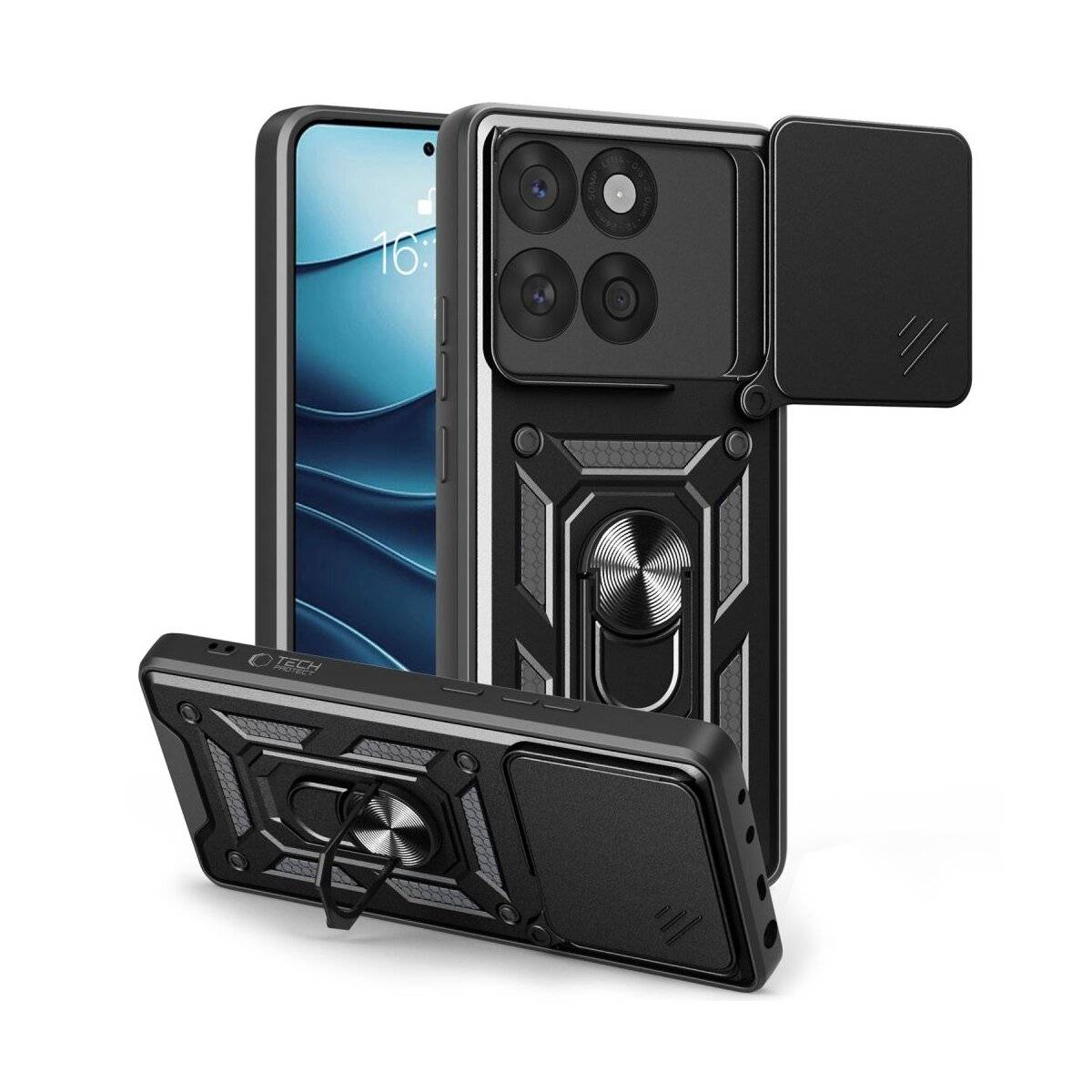 Eine Handyhülle mit metallischem Ringständer, Kühlungsfunktion und Objektivschutz, gezeigt auf einem Smartphone mit Multi-Kamera-Setup.