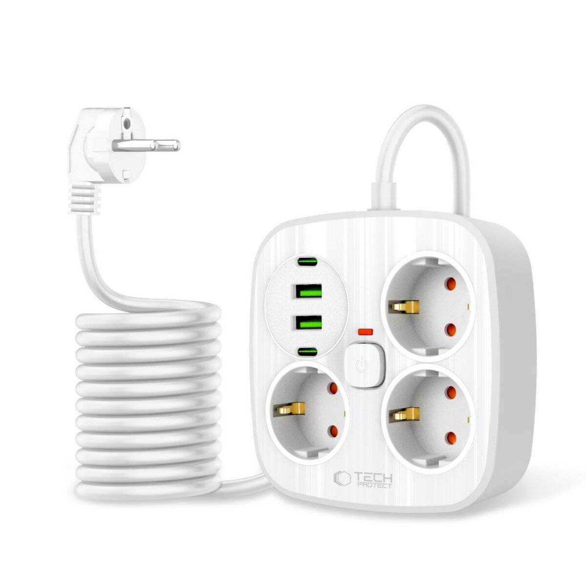 Eine weiße Steckerleiste mit drei runden Steckdosen und drei USB-Anschlüssen. Sie hat ein aufgerolltes weißes Kabel mit einem Stecker am Ende.