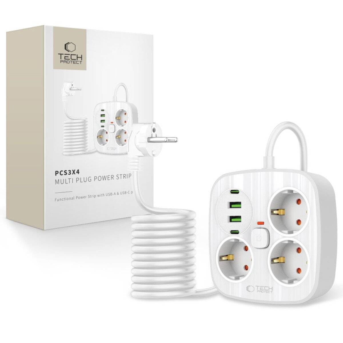 Tech-Protect PCS3X4 Steckdosenleiste, 3 Steckdosen, 2xUSB-A, 2xUSB-C 200 cm - weiß