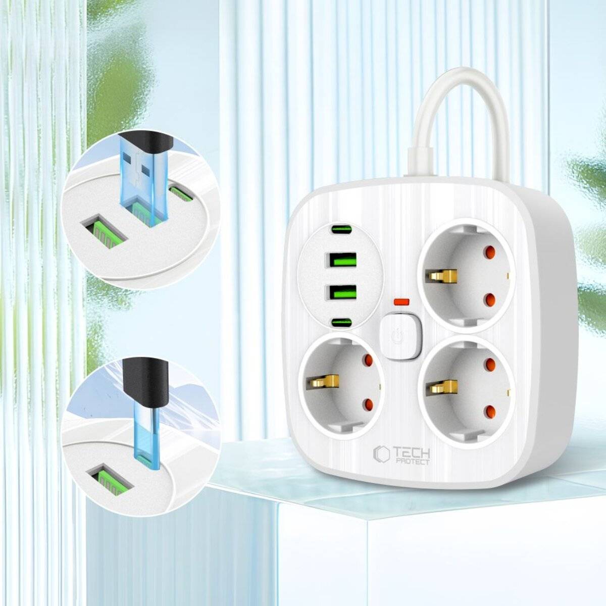 Tech-Protect PCS3X4 Steckdosenleiste, 3 Steckdosen, 2xUSB-A, 2xUSB-C 200 cm - weiß