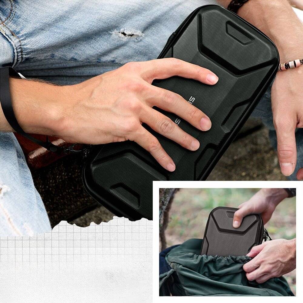 Eine Person, die einen schwarzen, harten Schutzkoffer hält. Ein anderes Bild zeigt den Koffer, der in einen grünen Rucksack gepackt wird.