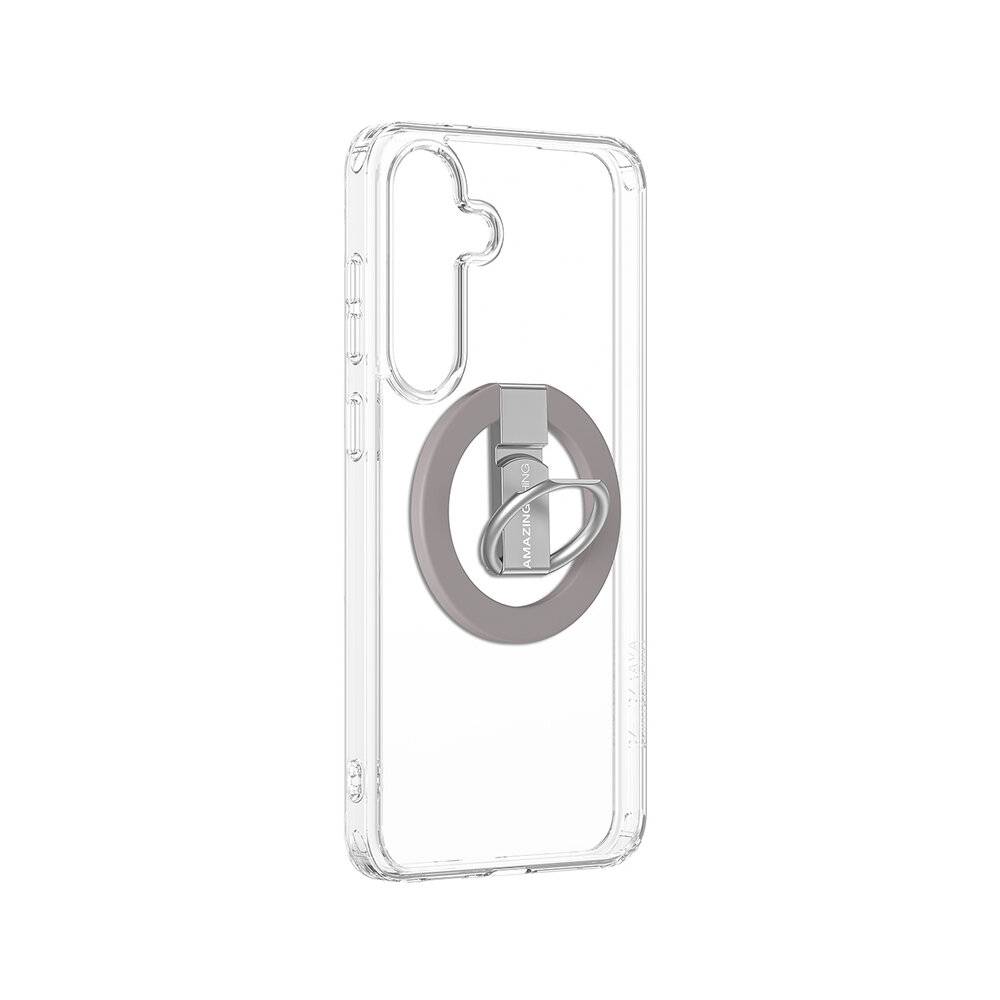 Transparente Handyhülle mit Ringhalter auf der Rückseite, kompatibel mit Kameraaussparungen.