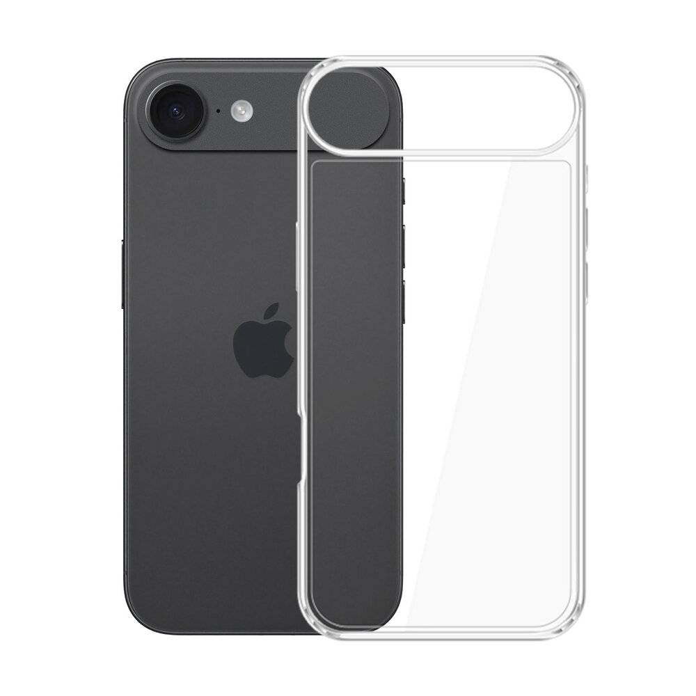 Ein Smartphone mit einer schlichten schwarzen Rückseite und einem Apple-Logo wird neben einer durchsichtigen, schlanken Handyhülle platziert.