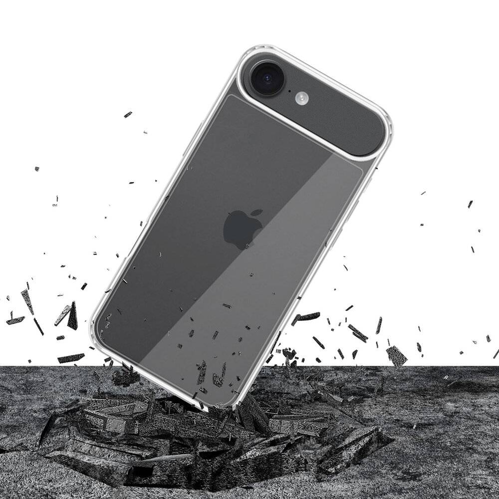 Ein Smartphone mit schwarzer Schutzhülle wird in der Luft fallend gezeigt, mit Trümmern und zerbrochenem Boden darunter, was Aufprall oder Beschädigung veranschaulicht.