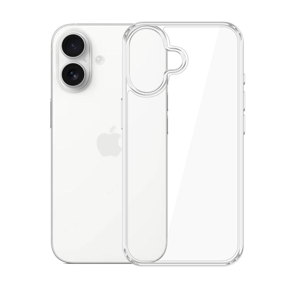 Weißes Smartphone mit Dualkamera und Apple-Logo, begleitet von einer transparenten Schutzhülle.
