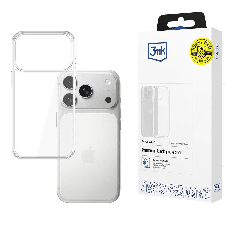 Ein transparentes Handycover neben einem iPhone vor seiner Verpackung. Auf der Verpackung steht „Premium back protection