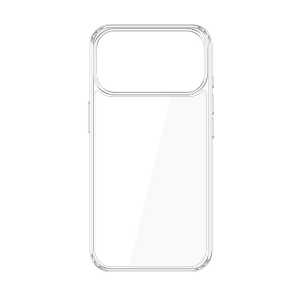 Durchsichtige Smartphone-Schutzhülle mit erhöhtem Rand um den Kamerabereich, die einen leeren Platz für ein großes Kameramodul zeigt.