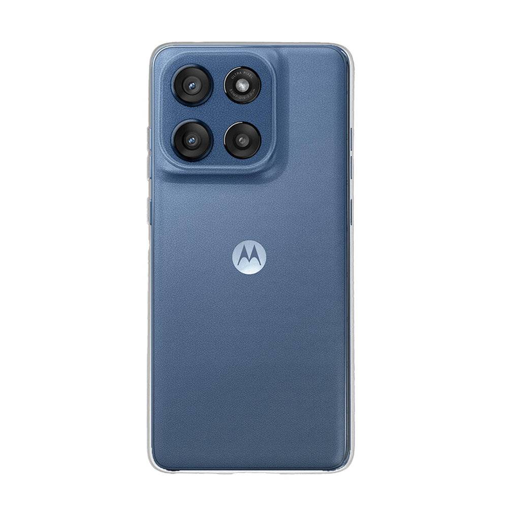 Ein blaues Smartphone mit drei rückwärtigen Kameras und einem Motorola-Logo in der Mitte der Rückseite.