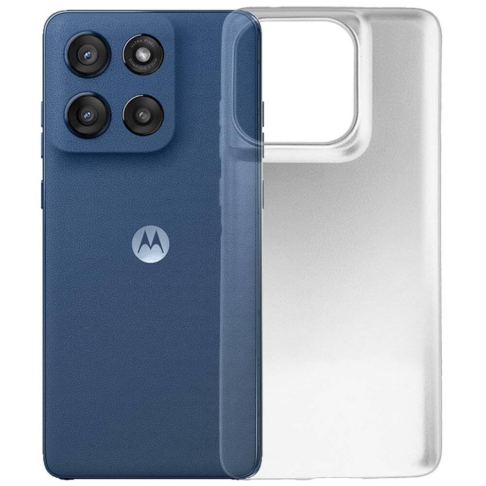 Ein blaues Smartphone mit vier rückwärtigen Kameras neben einer transparenten Schutzhülle. Tasten sind auf der Seite des Geräts sichtbar.