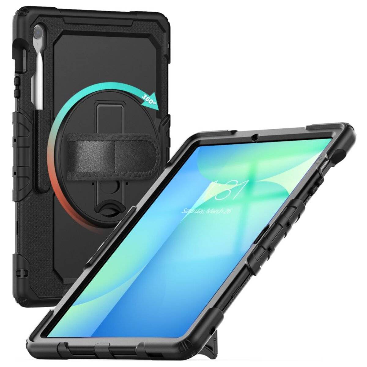 Ein robustes schwarzes Tablet-Gehäuse mit integriertem Handriemen und Ständer, das ein Tablet mit einem Sperrbildschirm mit abstrakten Grafiken präsentiert.