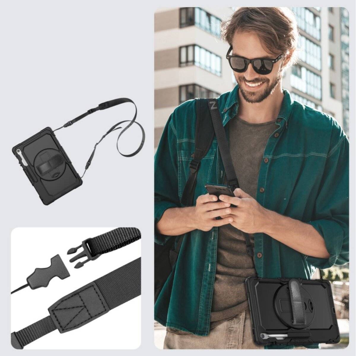 Ein Mann mit Sonnenbrille und Bart lächelt, während er draußen sein Handy benutzt. Bilder eines Tablet-Gehäuses mit Trägern und einem Ständer werden gezeigt.