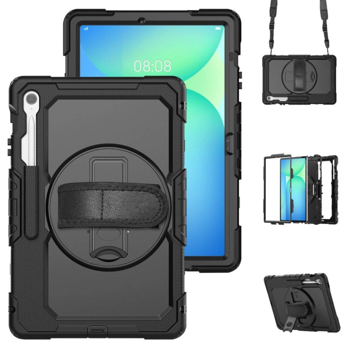 Robustes schwarzes Tablet-Gehäuse mit einem drehbaren Handschlaufenständer und abnehmbarem Schulterriemen, das Vorder- und Rückansichten eines Tablets im Inneren präsentiert.