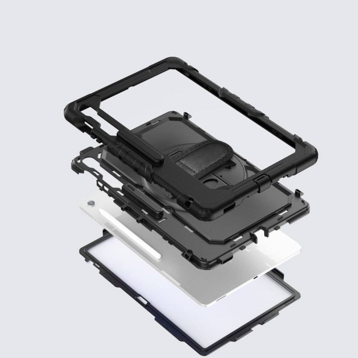 Explosionsdarstellung eines Tablet-Gehäuses mit mehreren Schichten, einschließlich eines Schutzrahmens, eines Ständers und stoßdämpfender Komponenten.