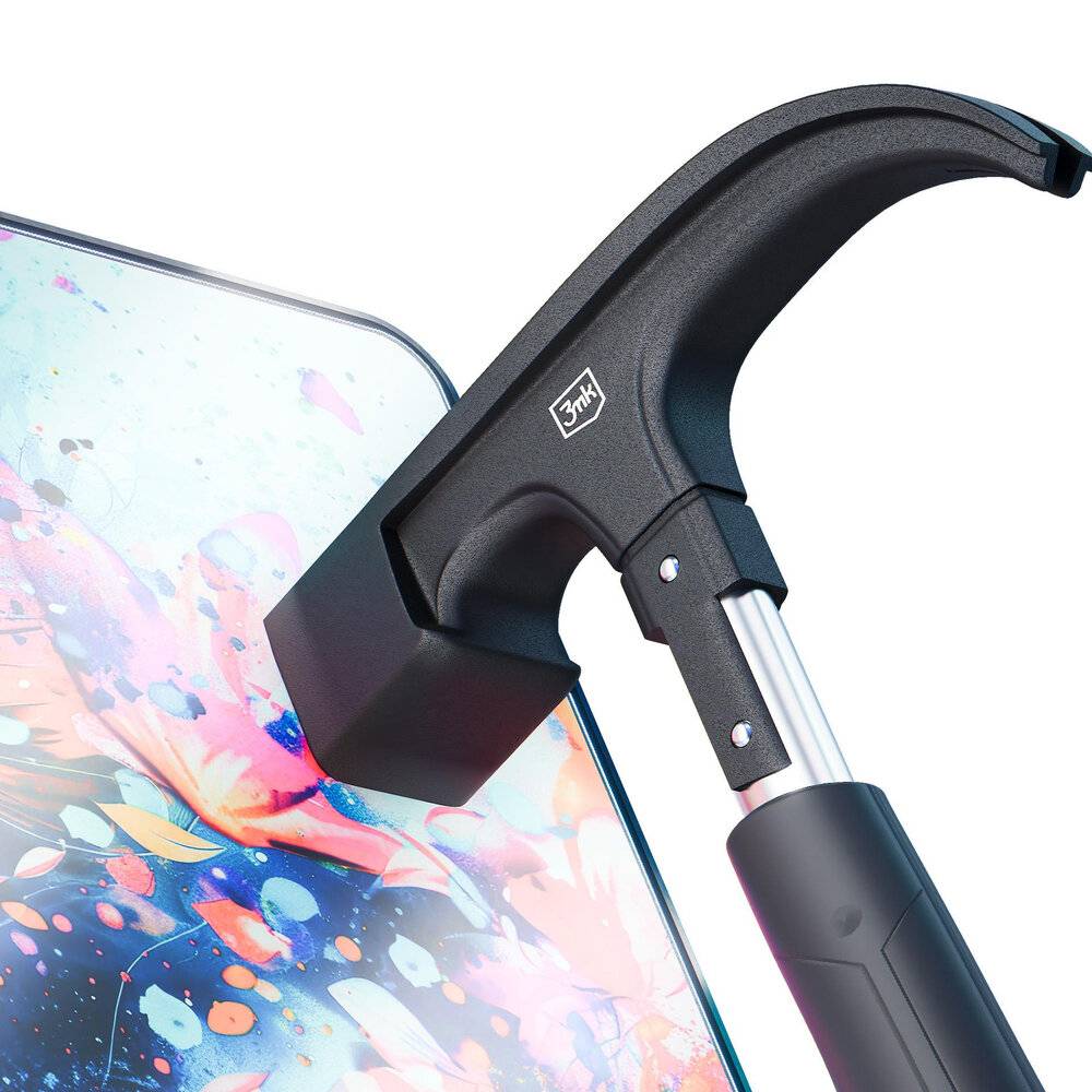 Ein Hammer schwebt über einem Smartphone mit einem bunten abstrakten Display, was darauf hindeutet, dass der Bildschirm des Telefons robust oder stoßfest ist.