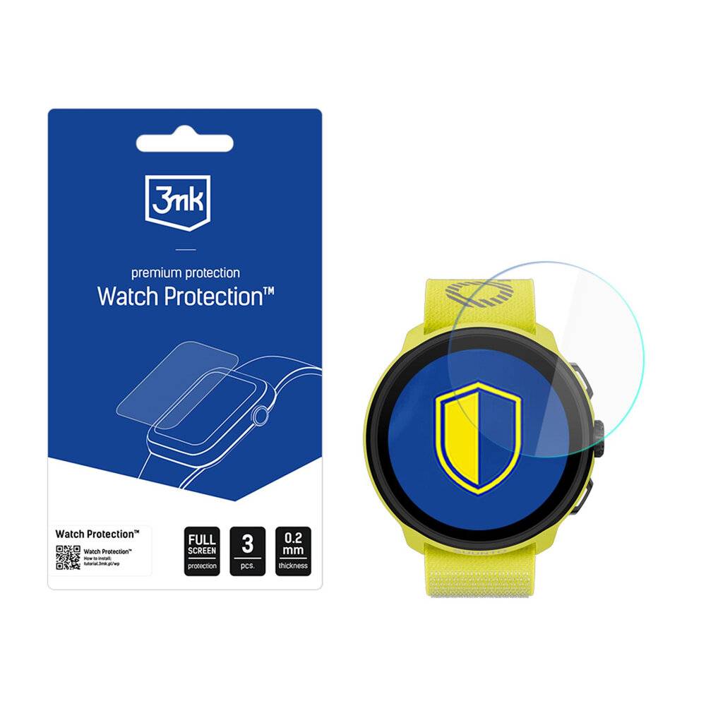 3mk premium protection Watch Protection' Verpackung neben einer Smartwatch mit Schildsymbol auf dem Bildschirm, die den Bildschutz betont.