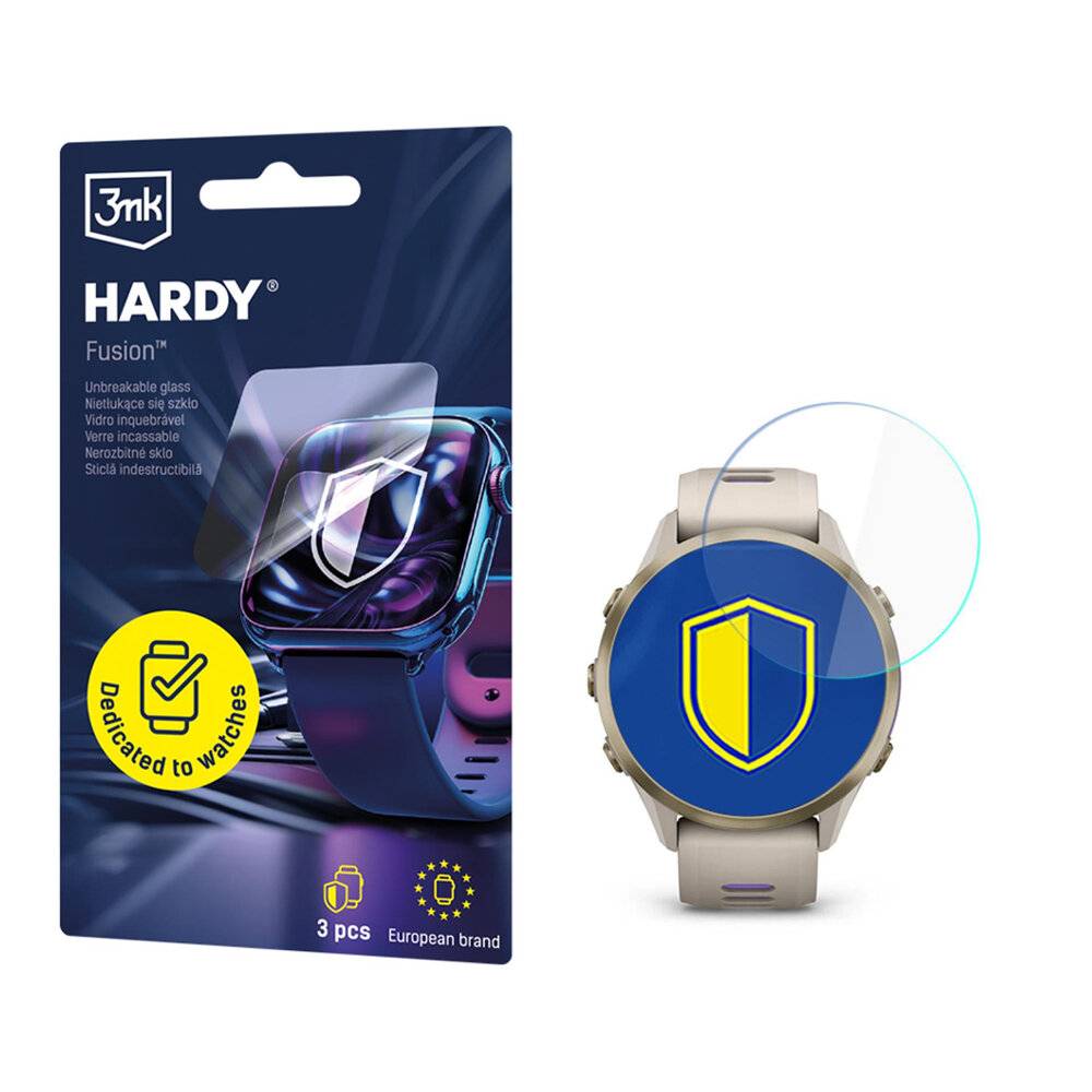Paket mit 3 3mk HARDY Fusion Displayschutzfolien für Smartwatches, dargestellt neben einer Uhr, die ein gelbes Schild-Symbol vor blauem Hintergrund anzeigt.